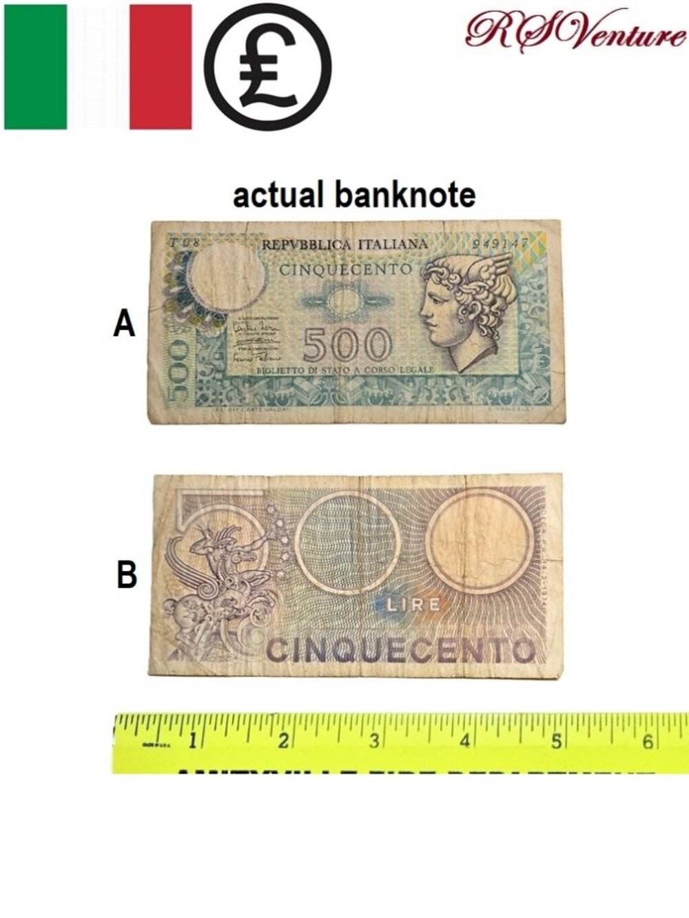 Vintage 1974 Italian 500 Lire Banknote